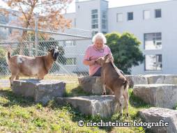 Frau mit Tieren draussen